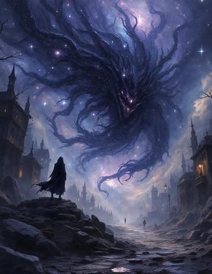 The primary subject of the image is a large, dark, and spooky creature with long tentacles, which appears to be a demon or a monster. The creature is surrounded by a night sky filled with stars, creating a mysterious and eerie atmosphere. The setting is a city street at night, with a person standing on a rock nearby. The visual style of the image is a digital art or illustration, with a focus on the dark and mysterious creature. The colors and mood of the image are predominantly dark